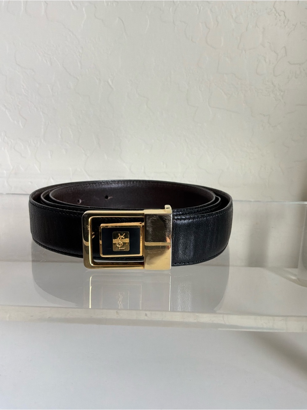 YSL Saint Laurent black leather belt with gold logo buckle